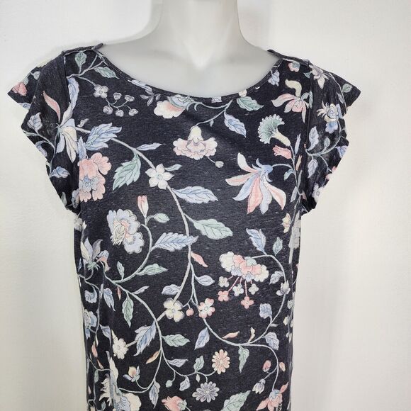 LOFT Womens Top Size XS 100% Linen Floral Short Flutter Sleeve Blue Round Neck - Picture 3 of 9